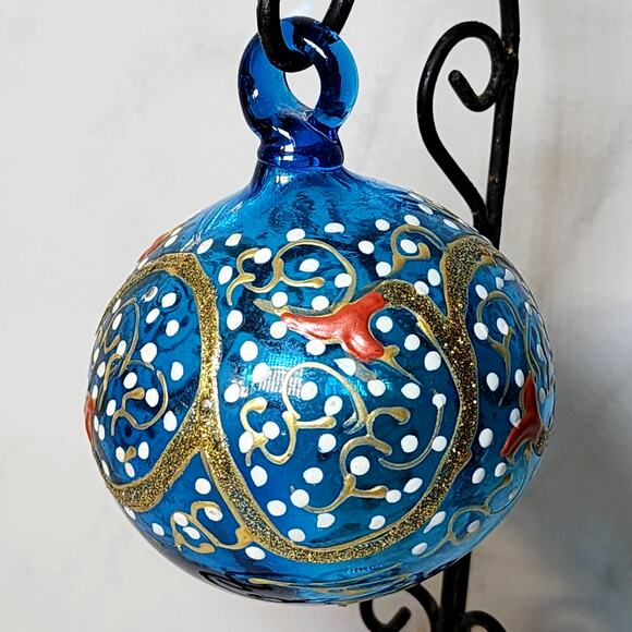 Beautiful Blue Blown Glass Christmas Ornament with Accents of Gold-Red-White - Picture 2 of 4